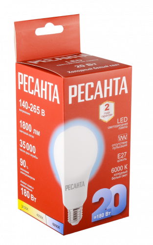 Лампа светодиодная Ресанта LL-R-A80-20W-230-6K-E27