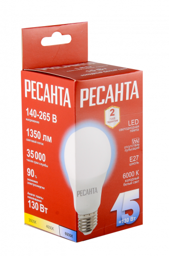 Лампа светодиодная Ресанта LL-R-A65-15W-230-6K-E27