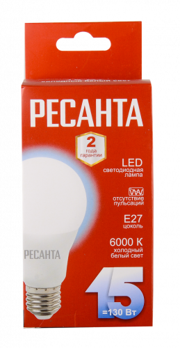 Лампа светодиодная Ресанта LL-R-A65-15W-230-6K-E27