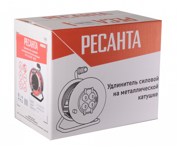 Удлинитель силовой на металлической катушке Ресанта СУ-3х2,5КГ-30/3 (с выкл., 4 розетки, IP44)